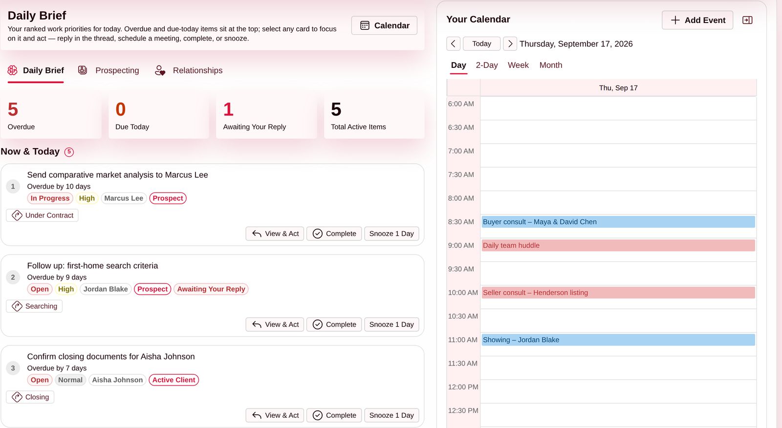 Daily Brief showing 5 overdue items and 1 awaiting reply, ranked, with the day's calendar beside them