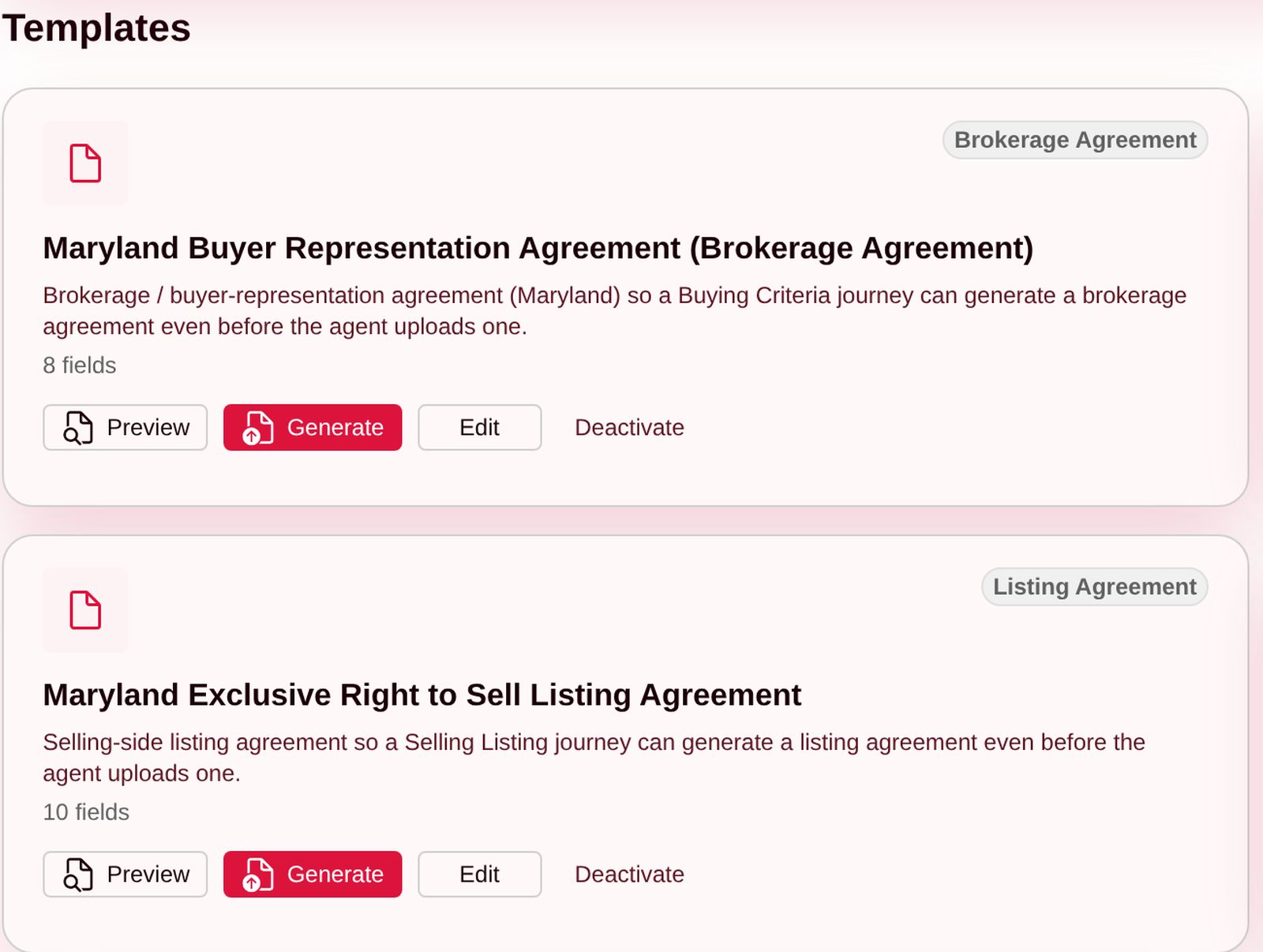 Templates: Maryland Buyer Representation Agreement, Service Invoice, Maryland Exclusive Right to Sell Listing Agreement, and Property Owner Report, each with Preview, Generate, and Edit