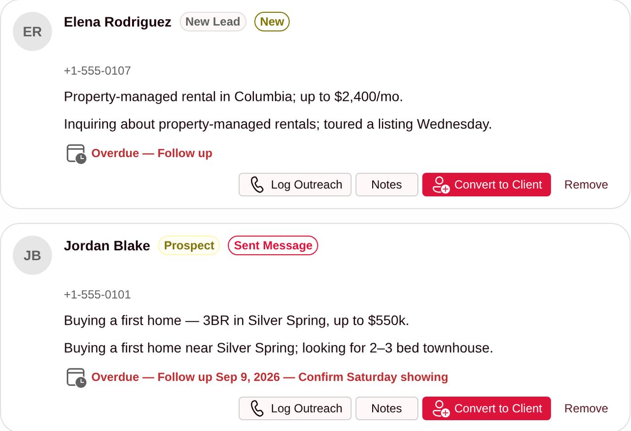 Prospect cards with lead status, outreach state, an overdue follow-up date, and Log Outreach, Notes, and Convert to Client actions